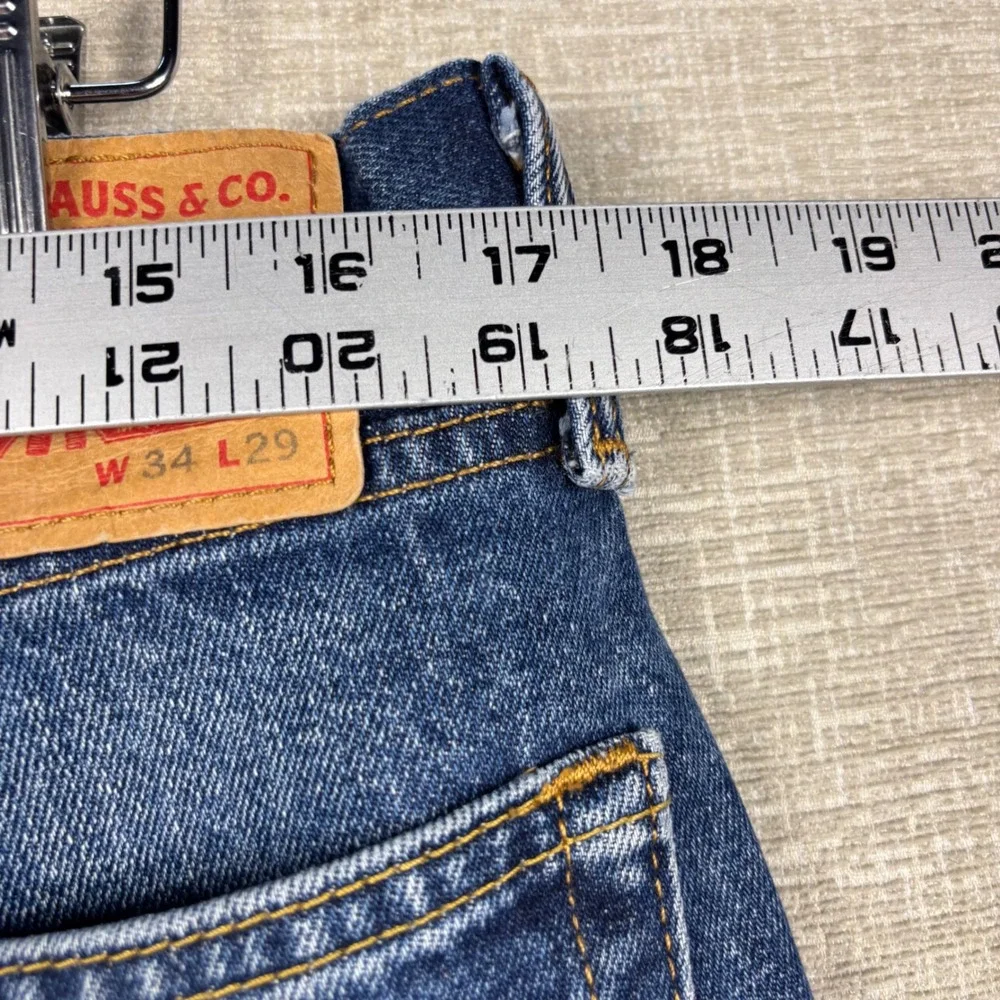 Levis 505 Mens 34x29 Jeans Medium Dark Washed Denim Grungy Low Knee Fading